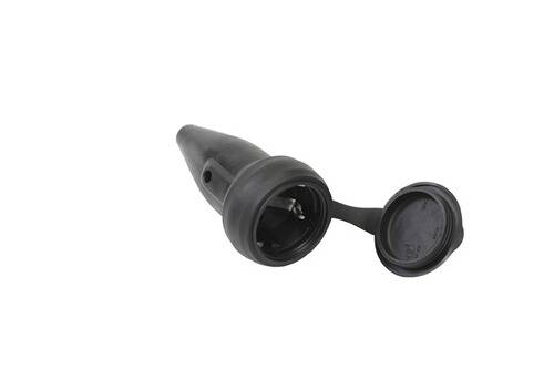 Ein schwarzer Gummi-Industriestecker mit geöffneter Kappe, die drei Metallkontakte im Inneren zeigt, konzipiert für hochbelastbare elektrische Verbindungen.