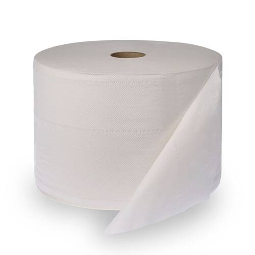Eine große, industrielle Rolle weißes Toilettenpapier mit sichtbarer perforierten Kante, das für kommerzielle oder stark frequentierte Toiletten verwendet wird.