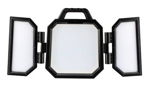 Tragbares, faltbares LED-Paneelsystem mit drei rechteckigen Leuchten, konzipiert für verstellbare Beleuchtung bei Foto- oder Videoaufnahmen.