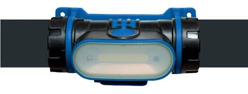 Nahaufnahme einer blau-schwarzen Stirnlampe mit einem ovalen Lichtpanel, mit einem Bedienungsknopf oben. Geeignet für Outdoor-Aktivitäten.