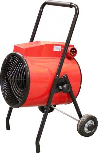 Ein roter tragbarer Industrielüfter auf Rollen mit einem Schutzgitter und Griffen für einfache Mobilität, konzipiert für die Belüftung großer Räume.