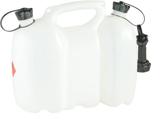 Ein weißer Kunststoff-Kraftstoffkanister mit zwei Kammern und zwei schwarzen Verschlüssen zum Lagern verschiedener Kraftstoffsorten, mit einem Griff zum Tragen.