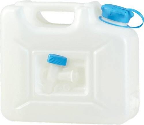Ein weißer Kunststoff-Wasserbehälter mit einer blauen abnehmbaren Kappe und einer kleinen Ausgusstülle an der Seite.