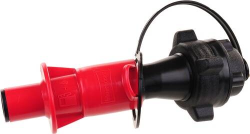 Eine Nahaufnahme einer roten und schwarzen Düse zum Abgeben von flüssigen Brennstoffen mit einem Schutzgriff im Düsenbereich.