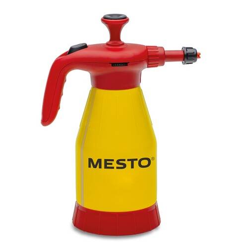 Eine rote und gelbe tragbare Sprühflasche mit der Aufschrift „Mesto