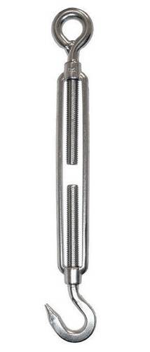 Eine Metallspannschraube, mit Schraubengewinde versehen, zum Spannen von Draht oder Seil.