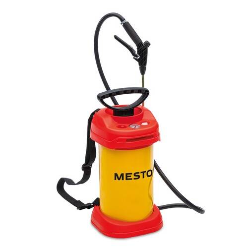 Ein roter und gelber Mesto-Drucksprüher mit Griff, Schlauch und Sprühdüse.