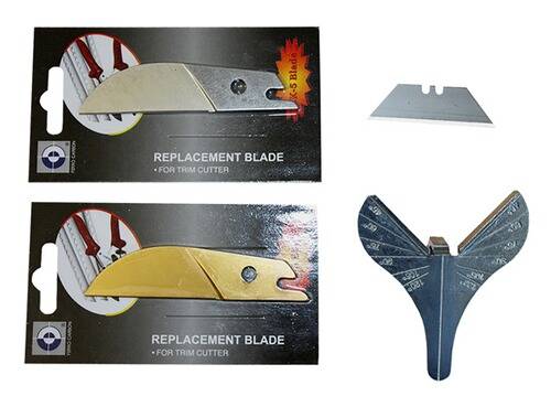 Verpackung und ein Satz Ersatzklingen für Trimmschneider, eine Klinge wird angezeigt und eine ist in einem Schneider installiert.