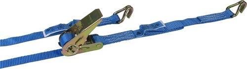 Blauer Ratschengurt mit Metallhaken und Hebel, verwendet zum Sichern von Fracht während des Transports.