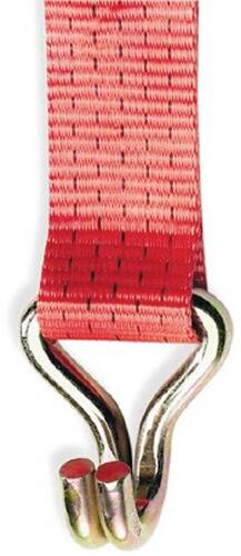 Eine Nahaufnahme eines rosa-roten gewebten Riemens, der durch einen silbernen Metall-D-Ring geschlungen ist und eine sichere Schlaufe bildet.