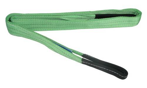 Eine Nahaufnahme eines grünen Hebeseils, die seine gewebte Textur und verstärkte Nähte zeigt.