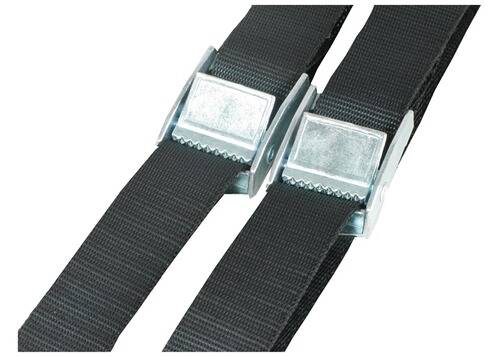 Zwei schwarze Riemen mit silbernen Schnallenverschlüssen, verwendet zum Sichern oder Straffen von Objekten.
