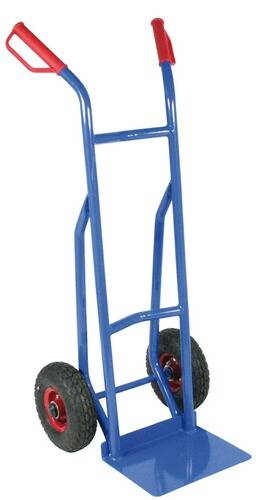 Ein blauer Handwagen mit zwei Rädern, der zum Transport schwerer Gegenstände verwendet wird.