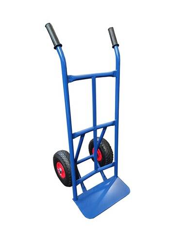 Ein blauer Handwagen mit schwarzen Griffen und rotgeränderten Rädern, entwickelt für den Transport schwerer Gegenstände.