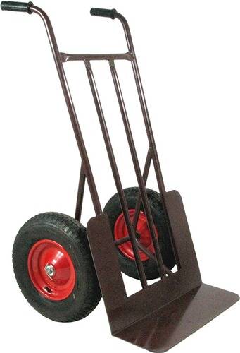 Ein roter zweirädriger Handwagen mit schwarzem Metallrahmen, der zum Bewegen schwerer Gegenstände verwendet wird.