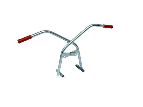 Ein Metallholzgreifer-Werkzeug mit roten Gummigriffe, entwickelt zum einfachen Heben und Transportieren von Holzscheiten, mit einem robusten Rahmen und Griff.