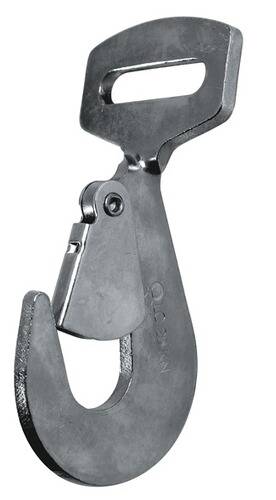 Ein Nahaufnahmebild eines Metallhakens, der für schwere Lasten oder industrielle Verwendung konzipiert ist und seine robuste Konstruktion und mechanisches Design zeigt.