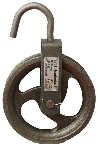 Nahaufnahme einer mechanischen Rolle mit der Aufschrift „Profi-Baubedarf