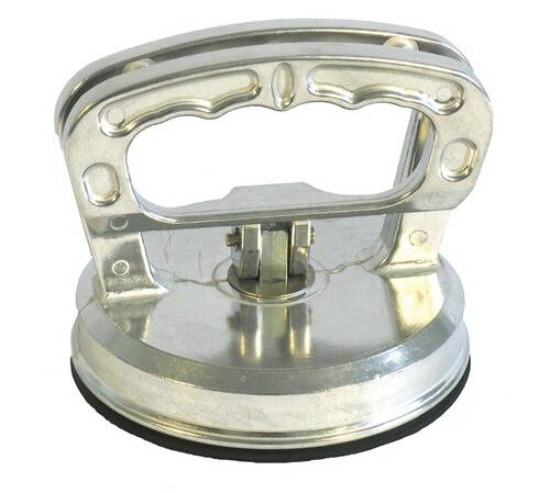 Ein silberner Metall-Saugnapfheber mit Griff, zum Anheben von Glas oder anderen glatten Oberflächen.