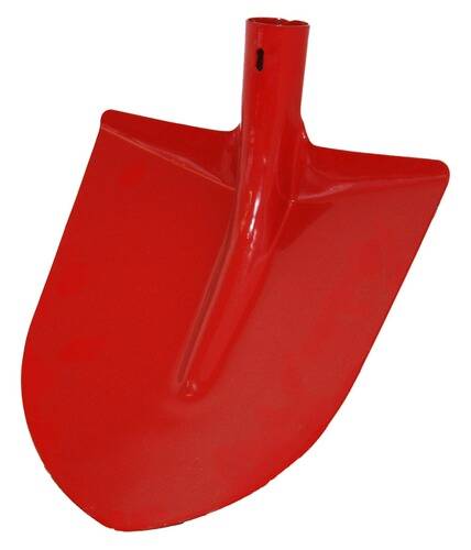 Ein roter Metallschaufelkopf mit geschwungenem Design, geeignet für Grabungsarbeiten.
