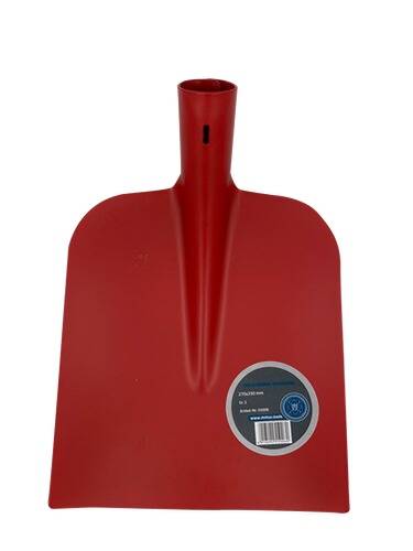 Ein roter Schaufelkopf mit einer zylindrischen Fassung zum Befestigen eines Stiels. Ein rundes Etikett ist in der Nähe der Basis sichtbar.