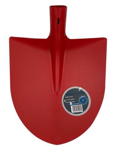 Roter Schaufelkopf mit einem Etikett, das die Abmessungen „300 x 260 mm