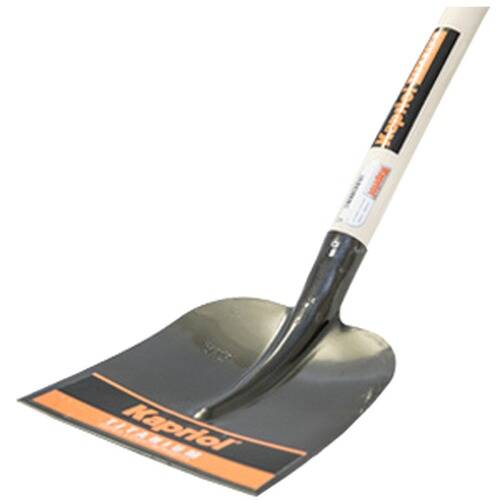 Eine Schaufel mit flacher, breiter Schaufelblatt und gekennzeichnetem Griff, entworfen für schwere Arbeiten.