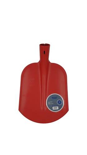 Roter Schneeschaufelkopf ohne Stiel, mit einem blauen Aufkleber, auf dem Produktdetails angezeigt werden.