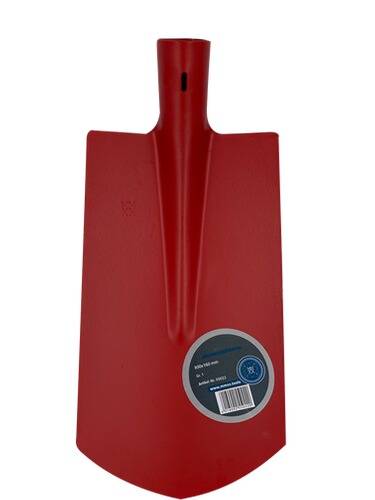 Roter Metallschaufelkopf mit einem Etikett am unteren Ende, das Produktdetails und einen Barcode zeigt.
