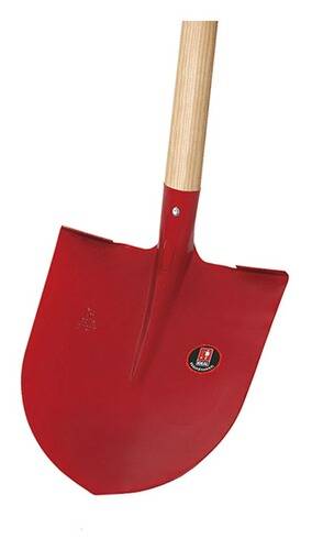 Eine rote Schaufel mit Holzstiel, mit einer runden Spitzenklinge, entwickelt für Grab- und Schaufelarbeiten im Garten- oder Bauwesen.