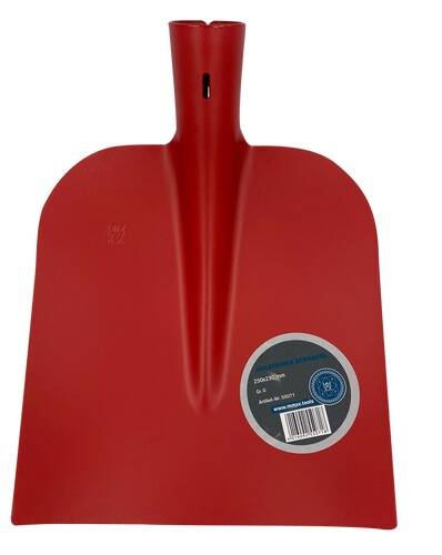 Ein roter Schaufelkopf mit einem kreisförmigen Aufkleber, der die Abmessungen anzeigt: 250x370mm, in fetter weißer Schrift auf schwarzem Hintergrund.