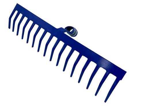 Ein blauer Rechen mit einem angebrachten Verbinder und gleichmäßig verteilten, gekrümmten Zinken.