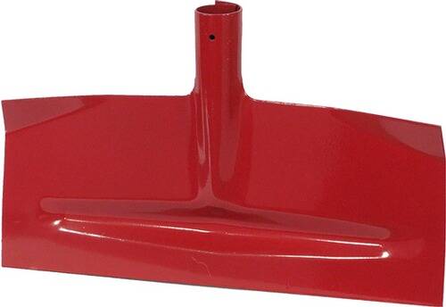 Eine Nahaufnahme einer roten Schneeschaufelklinge, die ihre gekrümmte Form und glatte Oberfläche zeigt.