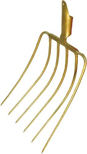 Ein goldfarben Rechen mit einem flachen, breiten Kopf und fünf gebogenen Metallzinken, die nach unten verlaufen.