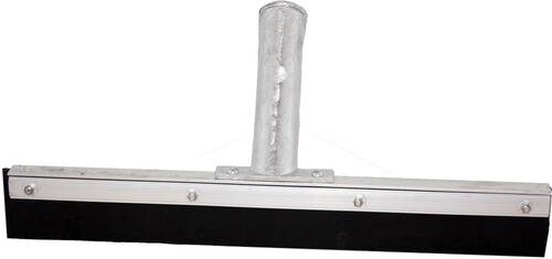 Ein Metallabzieher mit silbernem Griff und schwarzem Gummiblatt, verwendet zum Reinigen von Oberflächen.