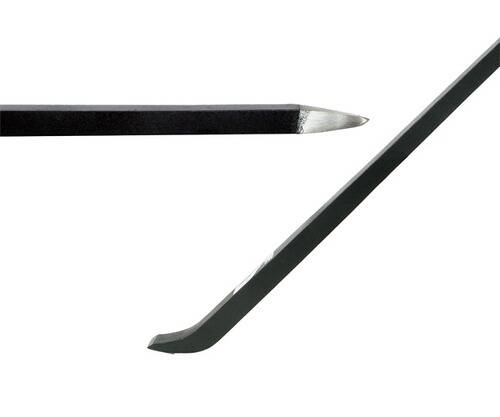 Zwei Brechstangen, die sich in entgegengesetzten Winkeln gegenüberstehen und ihre flachen und schrägen Enden für Hebelwirkung und Aufbruch-Anwendungen zeigen.