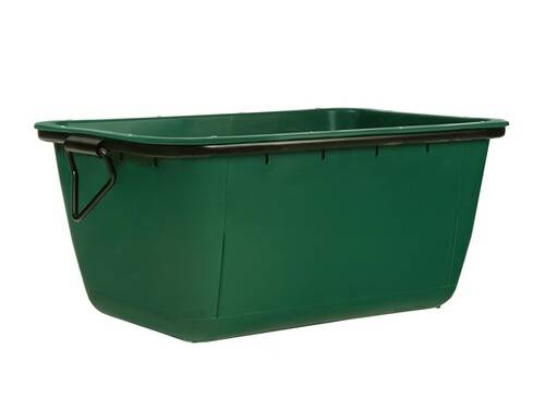 Ein großer, rechteckiger, grüner Lagerbehälter mit schwarzen Griffen.
