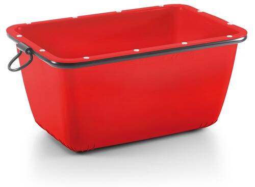 Ein großer roter rechteckiger Kunststoffbehälter mit schwarzem Rand und kreisförmigen Löchern entlang der oberen Kante.