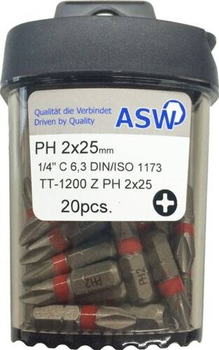 Behälter mit 20 PH 2x25 Schraubendreher-Bits von ASW. Das Etikett enthält die Spezifikationen: '1/4'' C 6,3 DIN/ISO 1173 TT-1200 Z PH 2x25'.