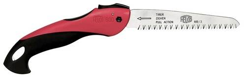Rote und schwarze Klappsäge mit gezahntem Blatt, mit der Bezeichnung „FELCO 600