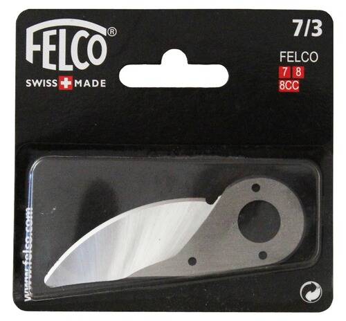 Ersatzmesser für Felco-Gartenschere, Modell 7/3, Schweizer Herstellung. Verpackt in schwarzer Markenkarton mit Produktdetails.