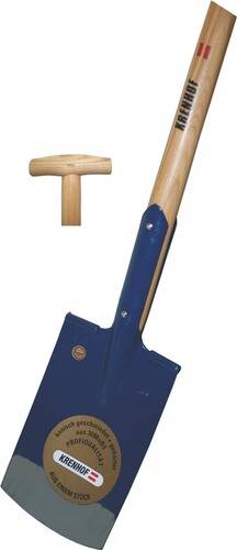 Ein blauer und hölzerner rechteckiger Spaten mit T-förmigem Holzgriff, entworfen zum Graben von Erde oder zum Bewegen von Materialien.