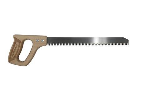 Eine lange Handsäge mit einem Holzgriff und scharfer Metallklinge, verwendet zum Schneiden von Holz.