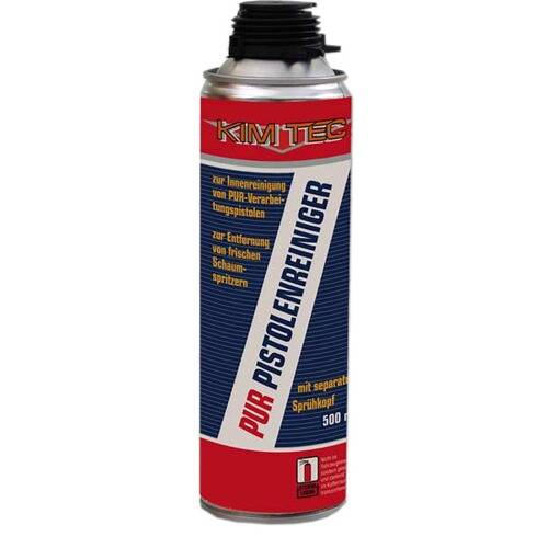 Eine Dose Kim-Tec PUR Pistolenreiniger, 500 ml, mit rotem und blauem Etikett zur Reinigung von Schaumpistolen. Inklusive separater Sprühkopf.