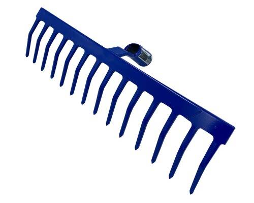 Ein blauer Harkenflop mit einer zylindrischen Befestigungsstelle und mehreren gleichmäßig verteilten, gebogenen Zinken zum Sammeln von Blättern oder Unrat.