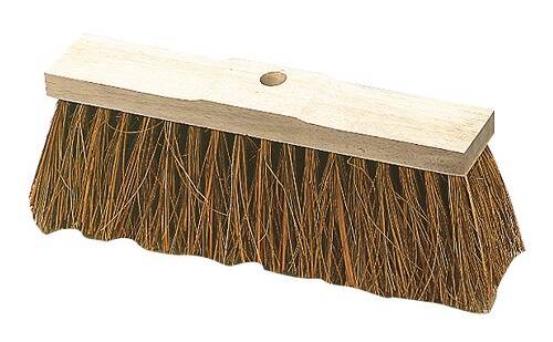 Ein Besenkopf aus Holz mit groben, braunen Borsten wird gezeigt.