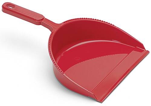 Eine rote Kunststoffkehrschaufel mit gerilltem Griff, entworfen zum Einsammeln von kleinen Verschmutzungen.