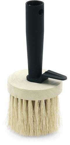 Eine zylindrische Reinigungsbürste mit schwarzem Griff und beigen Borsten, entwickelt zum Entfernen von Schmutz und Verschmutzungen von Oberflächen.