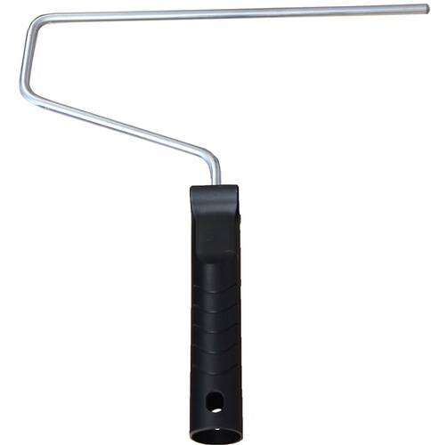 Farbroller-Rahmen mit schwarzem Griff und Metallstab, ohne aufgebrachte Rolle, isoliert auf weißem Hintergrund.