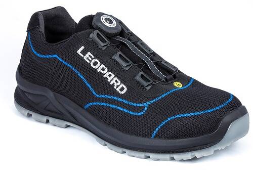 Ein schwarzer und blauer Trailrunningschuh mit dem Wort „LEOPARD